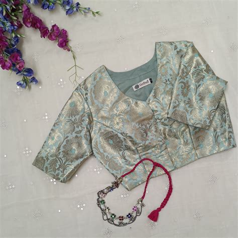 Tangerine Banarasi Brocade Blouse – Jaal Weave with V-Neck Elegance for ...