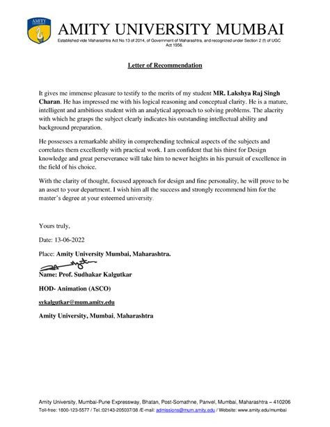 Academic LOR - AMITY UNIVERSITY MUMBAI Established vide Maharashtra Act ...