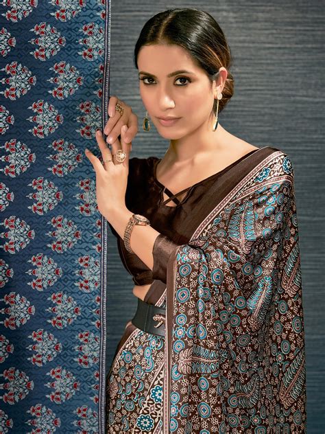 Buy Coco Brown Digital Printed Ajrakh Satin Crepe Saree Online - MySilkLove