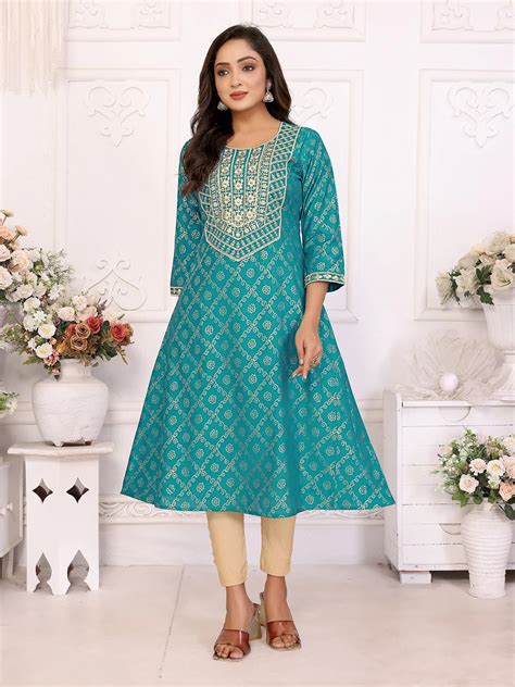 Viscose Blend Embroidered A-line Calf Length Kurta - Rangita