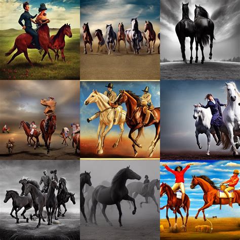Surreal scene where horses ride men or women | Stable Diffusion | OpenArt