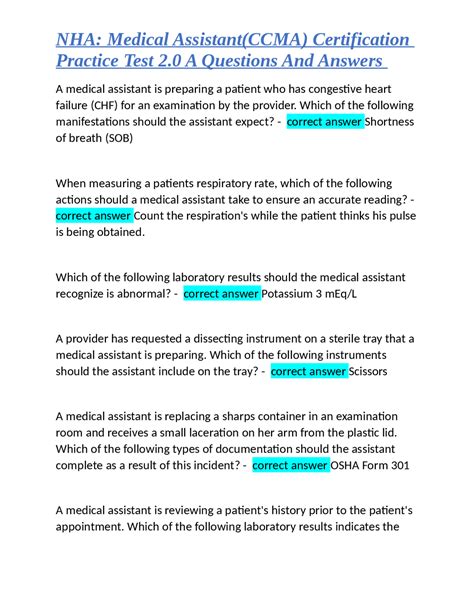 NHA: Medical Assistant(CCMA) Certification Practice Test 2.0 A ...