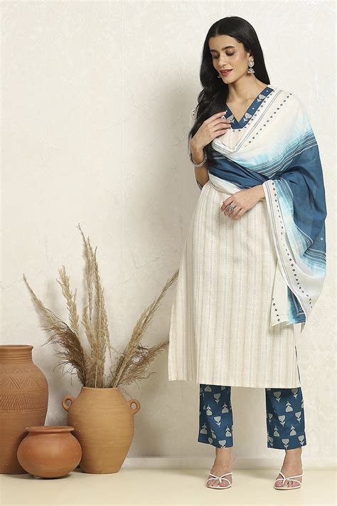 Buy Off-white and Teal Cotton Hand Block Unstitched Suit Set Online at ...