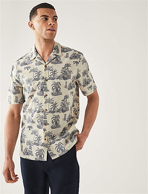 Buy Pure Cotton Palm Tree Print Cuban Collar Shirt at Marks & Spencer