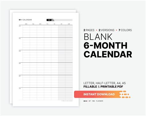 Blank 6-month Calendar, Yearly Semester Wall Calendar, Fillable Year ...