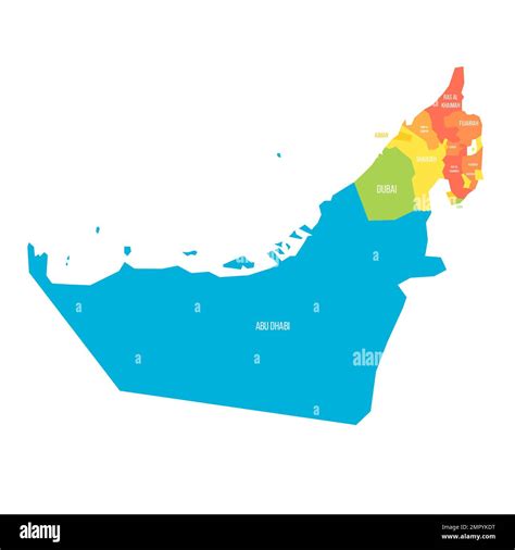 United Arab Emirates political map of administrative divisions - emirates. Colorful rainbow ...