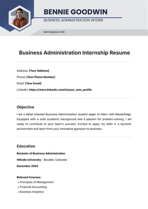 Free Business Administration Internship Resume Template to Edit Online