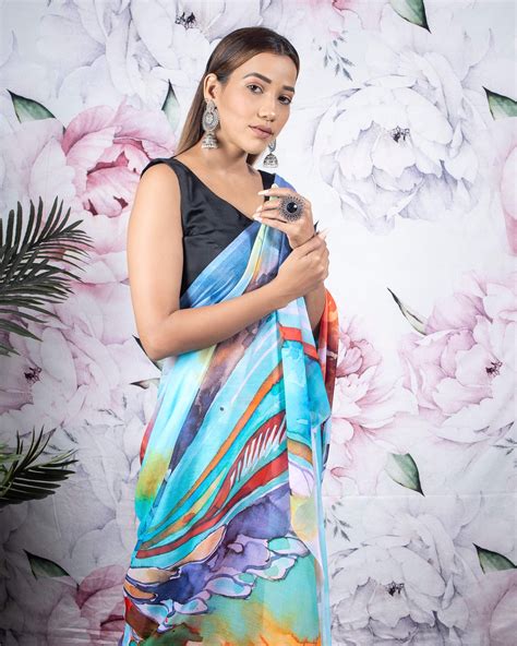 Sky-Blue-And-Orange-Abstract-Pattern-Digital-Print-Chiffon-Saree ...
