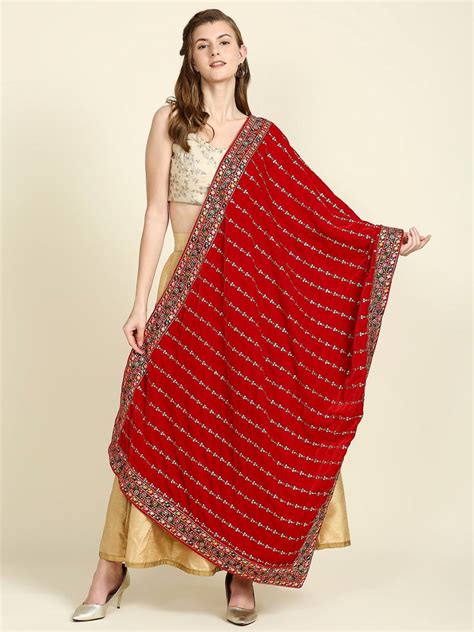 Multicolour Embroidered Red Velvet Dupatta – Dupatta Bazaar