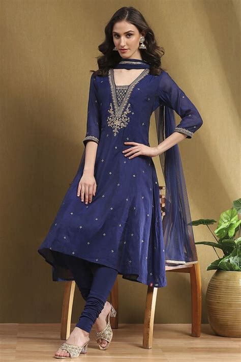 Navy Blue Embroidered Festive Kalidar Suit Set at Biba India
