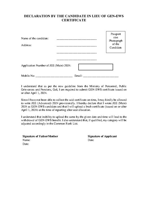 Declaration BY THE Candidate IN LIEU OF GEN-EWS Certificate ...