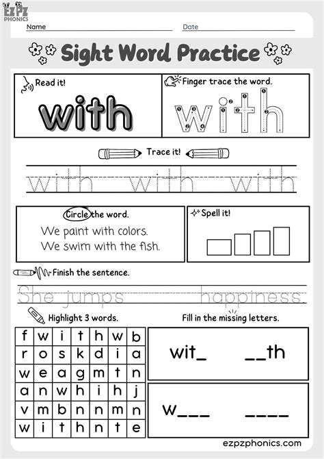 Dolch Kindergarten Sight Word "With" – Fun and Interactive PDF Worksheet - ezpzphonics.com
