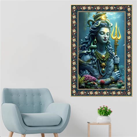Majestic Shiva with Trident Floral Border Vertical Wall Painting ...