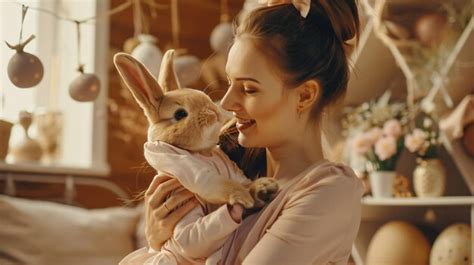 A woman holds a rabbit in her arms | Premium Photo