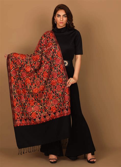 Pashtush Womens Fine Wool, Silky Nalki Embroidery Needlework Stole, Bl ...