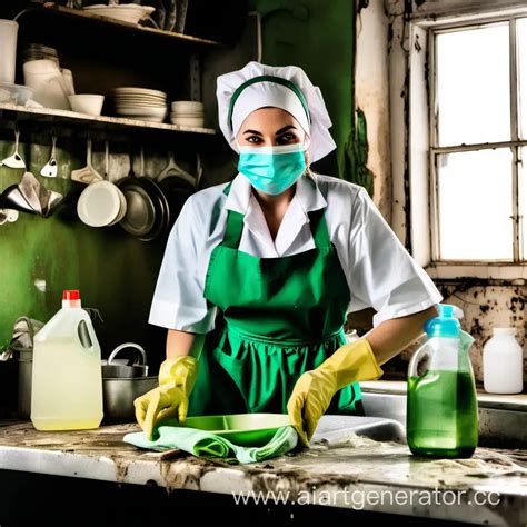 Cheerful Scullery Maid in Green Uniform Washing Dishes in a Messy ...