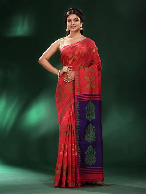 Red Cotton Blend Soft Saree with Woven Design - Charukriti