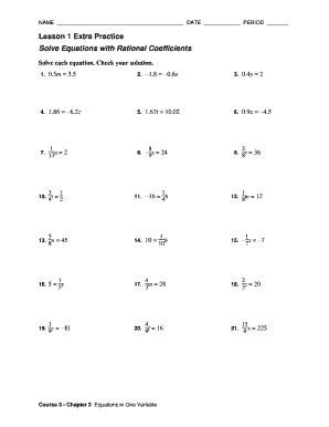 Lesson 1 Extra Practice Solve Equations With Rational Coefficients ...