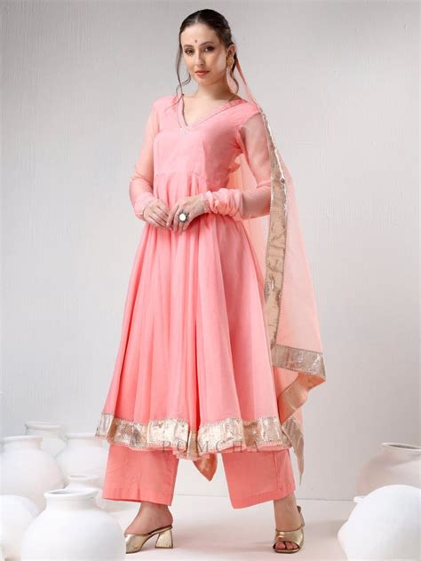 SADABHAR PEACH ORGANZA GOTTA WORK ANARKALI SET – Pomcha Jaipur
