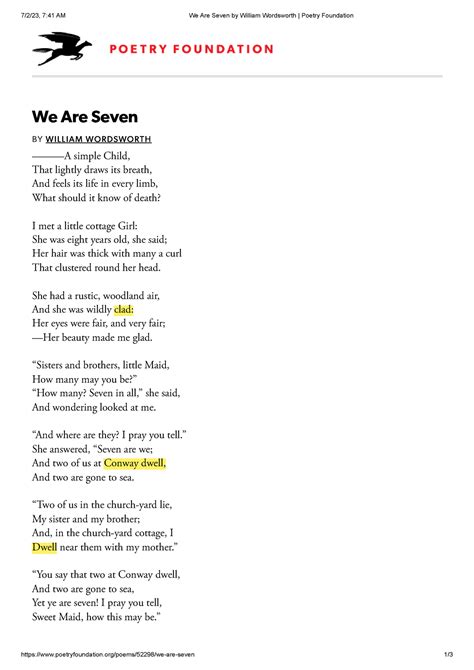 We Are Seven by William Wordsworth Poetry Foundation - 7/2/23, 7:41 AM ...