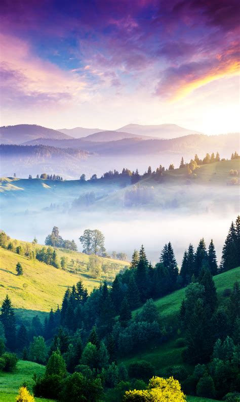 Download wallpaper the sun, mountains, fog, hills, panorama, house ...