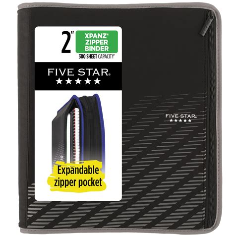 FIVE STAR, Zipper Binder, 2" Round Rings, Gray, Holds 380 Sheets ...