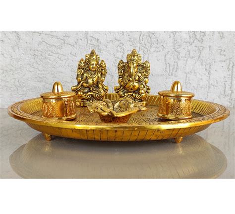 Brass Ganesh Laxmi Embossed 6 Pc Pooja Thali Set
