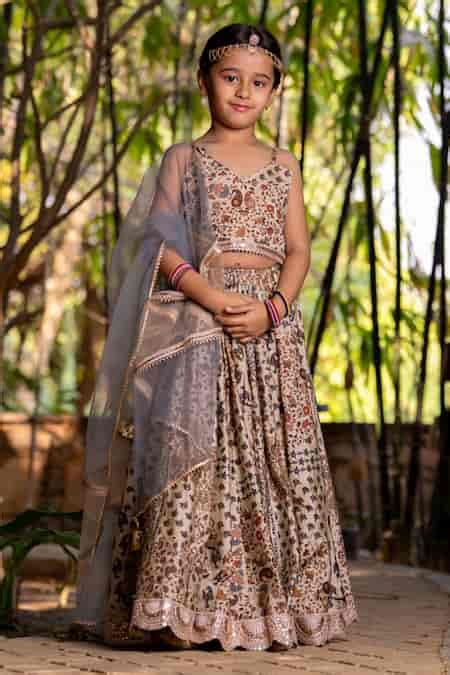 Buy Gray Muslin, Cotton, Net Embroidery Floral Printed Lehenga Set For ...