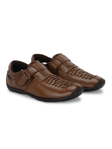 Hitz Men's Tan Leather Shoe Style Sandals with Velcro Closure – Hitz ...