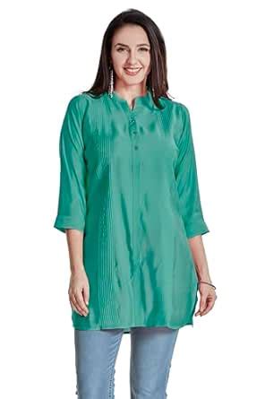 Buy nioni Pintucks Manderian Collar Western Linen Aqua Blue, Short ...