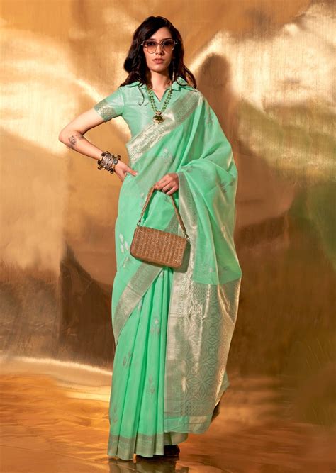 Pure Organic Banarasi Linen Jade Green Handloom Saree Online India USA ...
