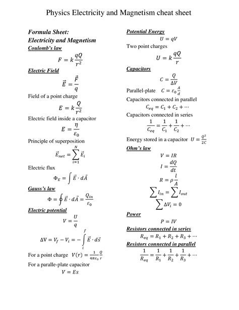 Physics Formula Sheet Electricity And Magnetism