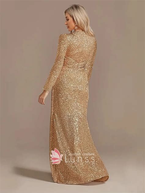 Flattering Striped Sequin Long Sleeve Hi-lo Evening Gown - Lunss
