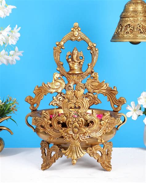 Brass Ganesha Urli with Peacocks – Unique Temple Décor Centrepiece ...