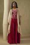 Buy Red Silk, Tissue Embroidery Round Neck And Champagne Cape Skirt Set ...