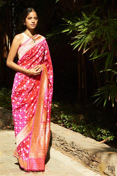 Enakshi' Red-Rani Pink Pure Katan Silk Real Zari Banarasi Handloom Sar ...