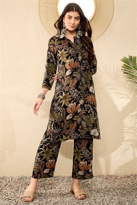 Black Rayon Blend Floral Printed Tunic With Palazzo Co-Ord Set VCORD10 ...