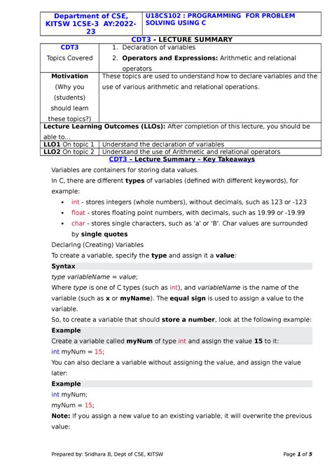 PPSC 3 Summary - Notes for ppsc - Department of CSE, KITSW 1CSE-3 AY ...