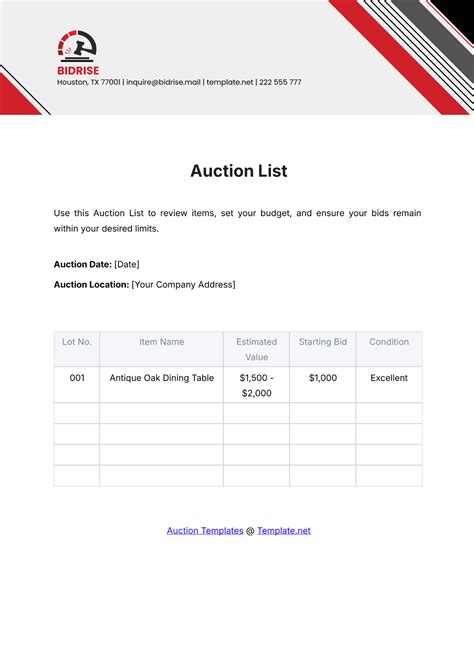 Free Auction List Template to Edit Online