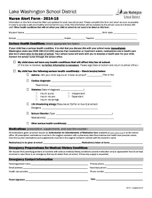 Fillable Online lwsd LAKE WASHINGTON SCHOOL DISTRICT NURSE ALERT FORM ...