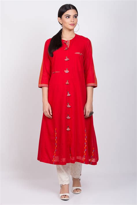 Red Cotton A-Line Yarndyed Kurta at Biba India