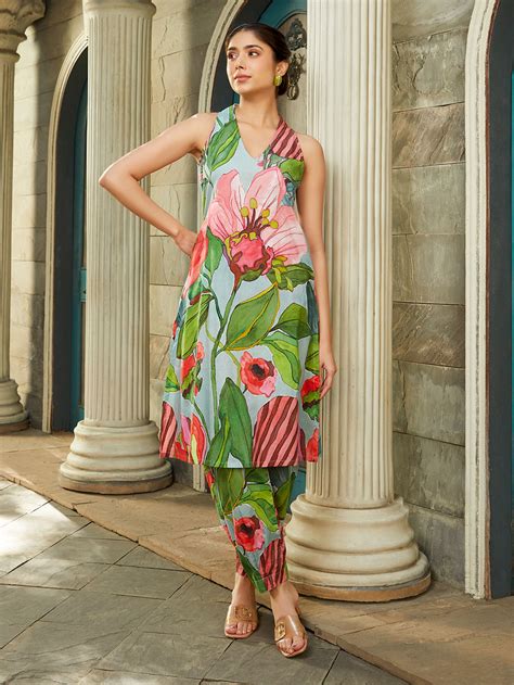 Old Rose Green Printed Cotton Kurta with Pants - Set of 2