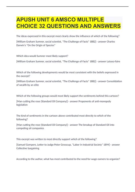 APUSH UNIT 6 AMSCO MULTIPLE CHOICE| 32 QUESTIONS AND ANSWERS|GUARANTEED ...