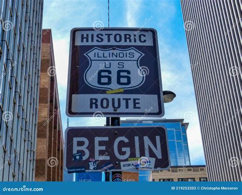 Traffic Sign Indicating the Beginning of the Route 66 - Chicago Stock ...