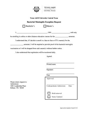 Fillable Online Bacterial Meningitis Exception Request - Blackboard Inc ...