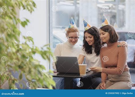 Three Friends in a Coffee Shop Celebrate Their Birthday and Communicate ...
