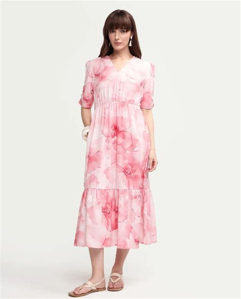 Rareism Women's Vuxo Peach Viscose Half Sleeve V-Neck Fit And Flare Fl