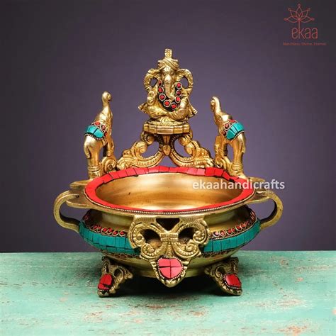 Buy EKAA HANDICRAFTS Traditional Brass Ganesh Urli Bowl with Stonework ...