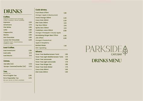 Menu at Parkside Café Bar, Preston