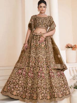 Buy Odette Brown Net Embroidered Semi Stitched Lehenga with Unstitched ...
